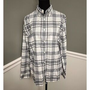 Express Men's Striped Medium Navy, Beige And White Button Up Long Sleeve Shirt